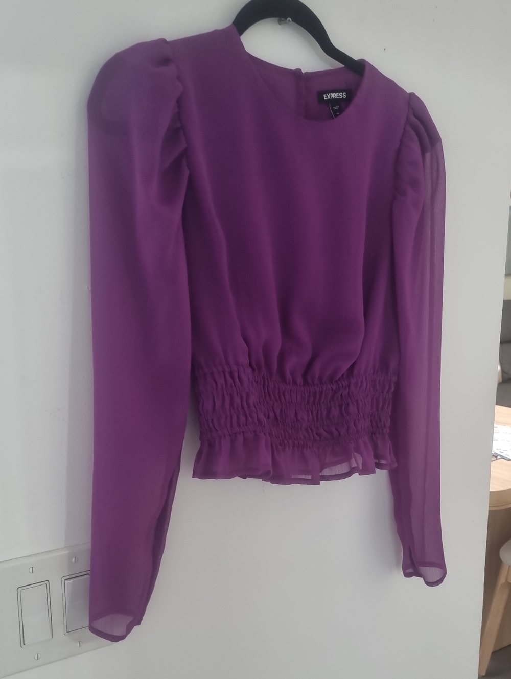 Express Purple Puff-Sleeve Smocked-Hem Blouse